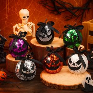 6 Pcs Halloween Disco Pumpkin Decor Artificial Glitter Mirror Ball Pumpkin Foam Farmhouse Table Centerpiece Halloween Table Party Decorations For Home (Silver, Green, Purple, Orange, White, Black)