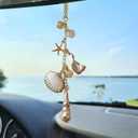 Sea Shells Car Decor,Cute Coastal Hanging Charm for Rear View Mirror, Boho Beach Themed Car Accessories,Hand-Made Starfish Conchas Aesthetic Ornament Pendant for Women (Gold)