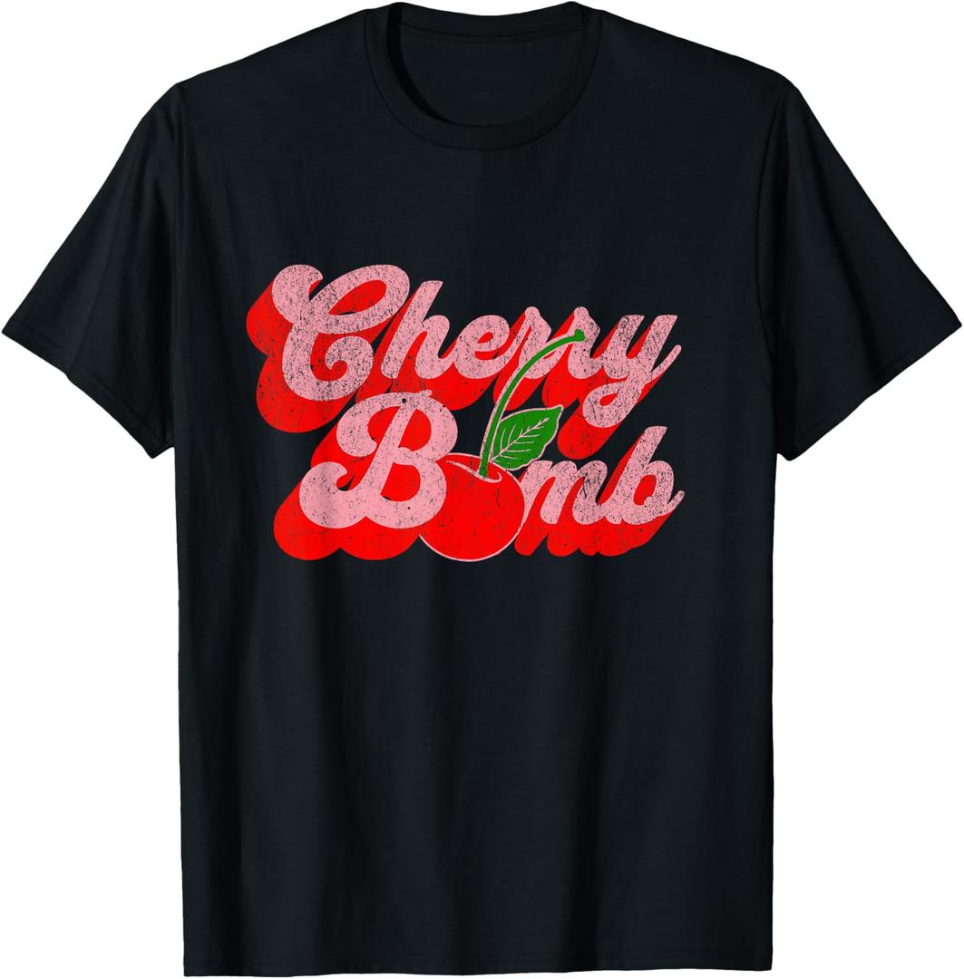 Cherry Bomb Retro 70s Vintage Style Cute T-Shirt (Black,5XL)