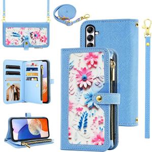 Floral Wallet Case for Samsung Galaxy S23 FE 5G with Wrist Strap Shoulder Strap Flip Zipper Purse, Luxury PU Leather Card Holder Stand Accessories Phone Cover for S 23 EF S23FE 23S Women Blue