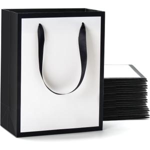 YACEYACE White and Black Gift Bags with Ribbon Handles Bulk, 20Pcs 8"x4.25"x10.5" Medium White and Black Paper Gift Bags for Party,Birthday,Wedding