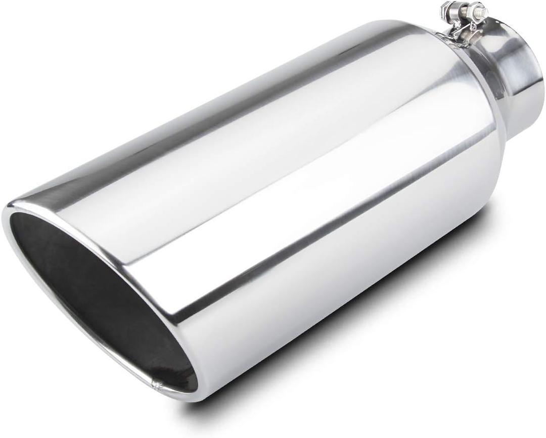 LCGP 4" inlet Universal Diesel Exhaust Tip 7" outlet 18" Long Tail Tip, Polished & Rolled Angle Cut, Bolt-On,Stainless Steel