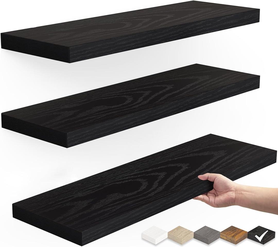 BAYKA Floating Shelves for Wall, Wall Mounted Rustic Wood Shelves for Bathroom, Bedroom, Living Room, Kitchen, Hanging Shelf for Books/Storage/Room Decor with 22lbs Capacity (Black, Set of 3, 15.7in) (15.7inches)