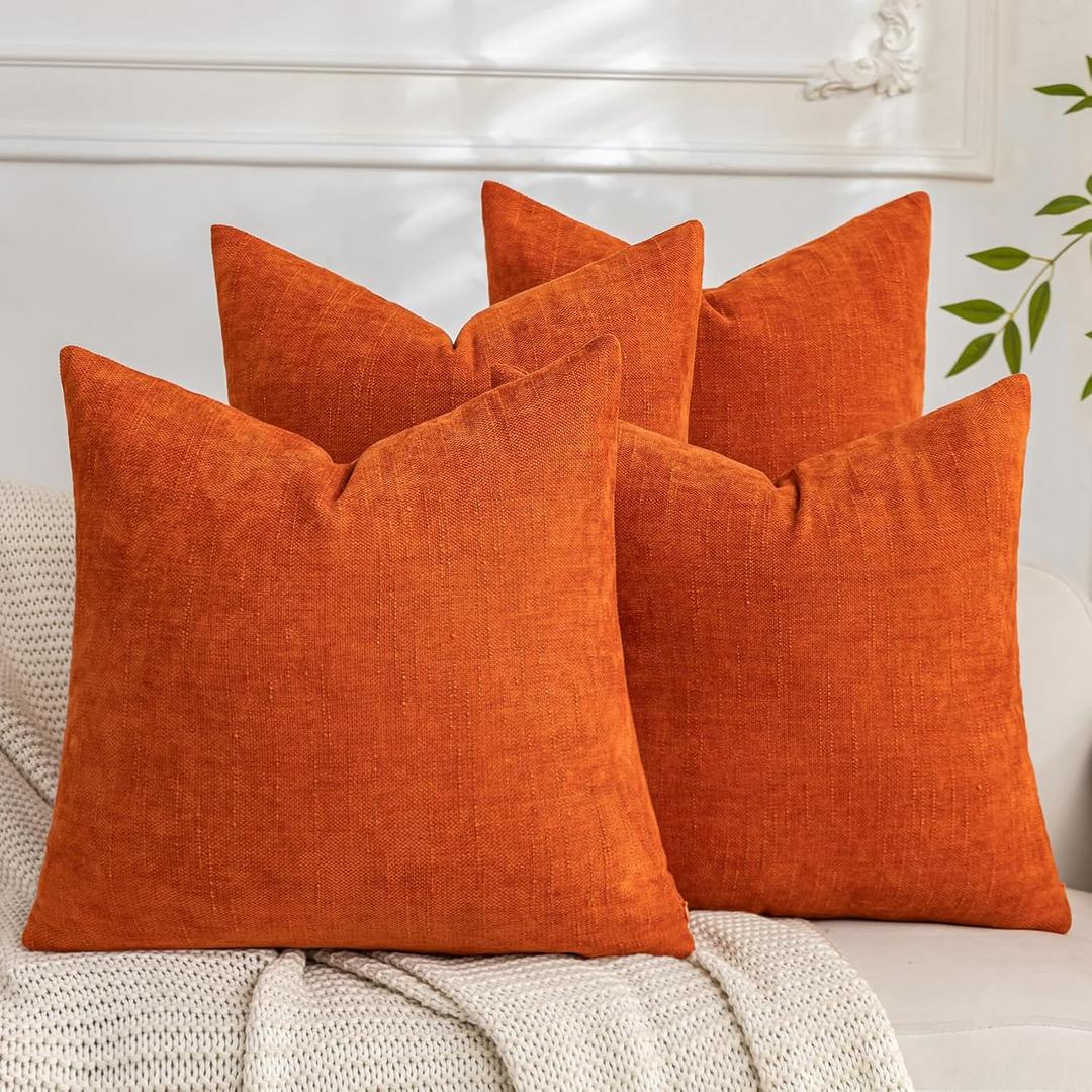 Set of 4 Soft Textured Decorative Throw Pillow Covers 18x18 Inch Cozy Farmhouse Cushion Cover Square Accent Pillow Cases for Bed Couch Sofa Living Room, Burnt Orange