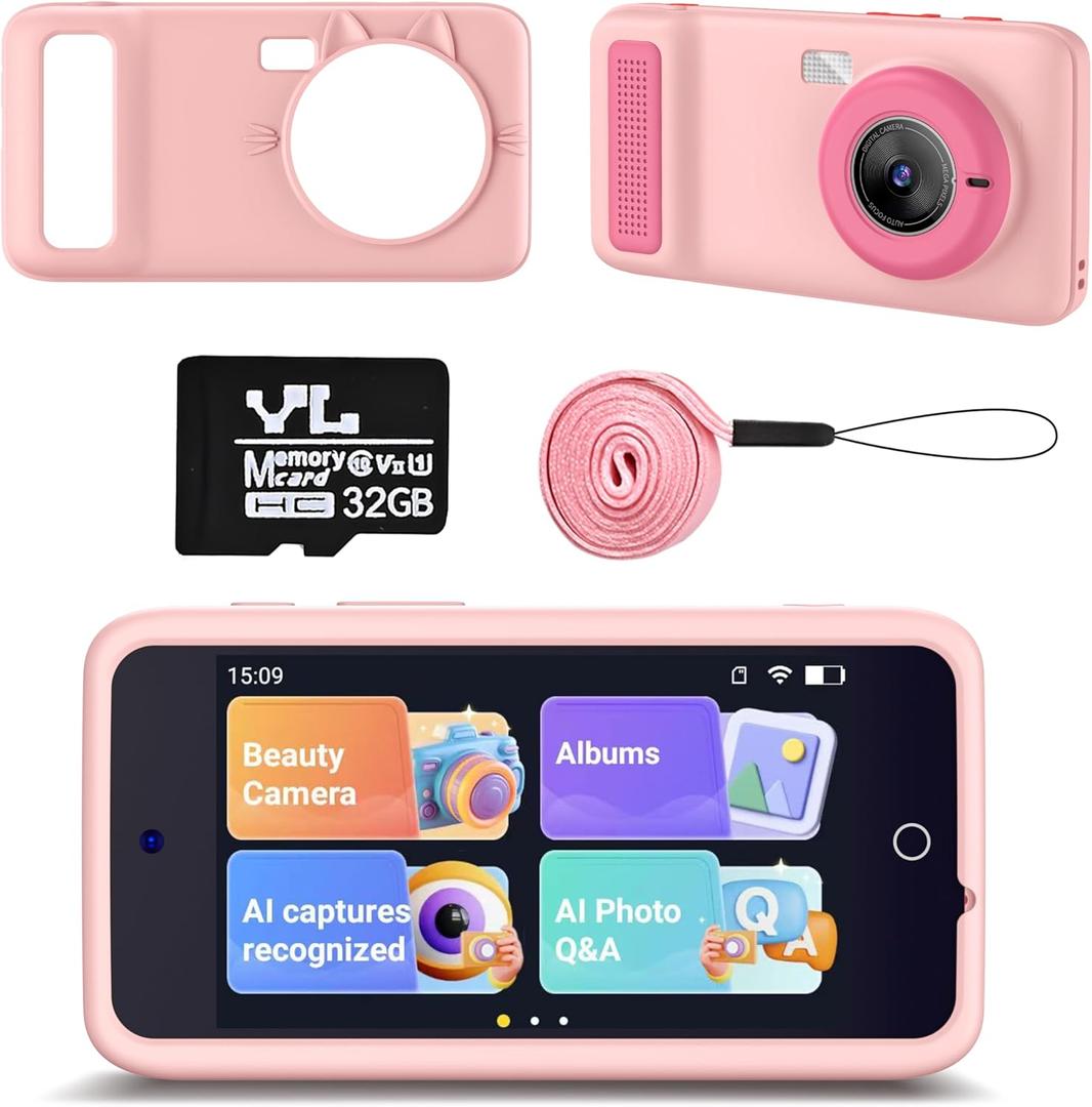 Kids AI Digital Camera with Everything Recognition, 5G/2.4G WiFi Dual Lens Camera for Girls Boys Ages 4-12, 4" Touch Screen LCD, Ideal Birthday (Pink)