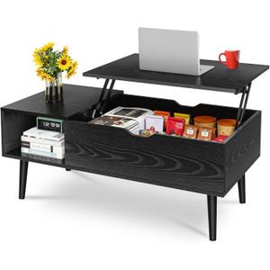 Wood Lift Top Coffee Table with Hidden Compartment and Large Storage Shelf, Lift Tabletop Dining Center Table for Home Living Room Office, Black