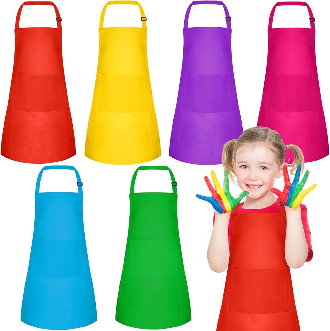 PLULON 6 Pcs Kids Aprons with 2 Pockets Painting Aprons for Kids Aprons Bulk, Paint Apron Adjustable Children Chef Aprons for Girls Boys Painting Baking Cooking Crafting - 6 Colors, 46 x 61cm/ 18 x 24inches