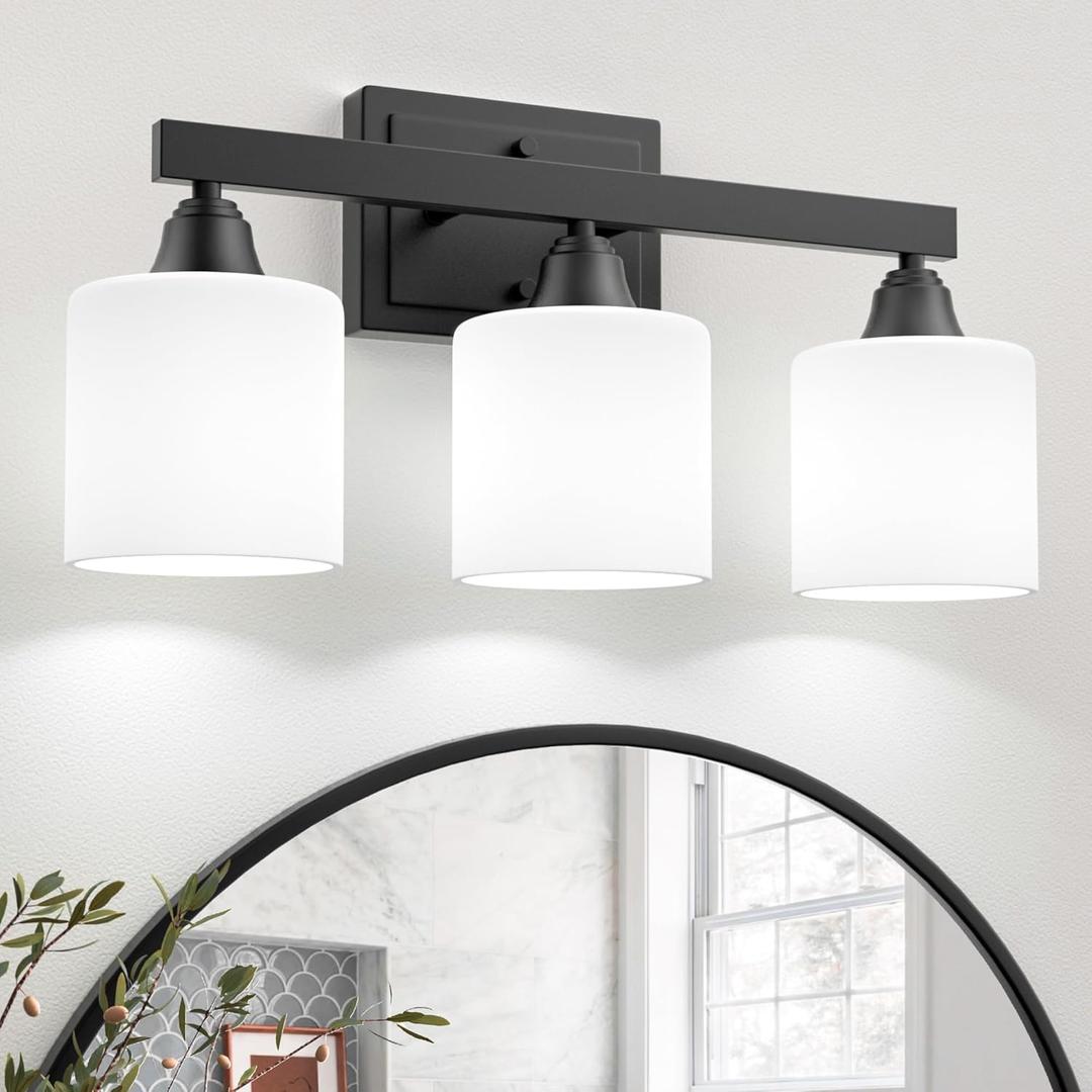 VOLISUN Matte Black Bathroom Light Fixtures, 3-Light Bathroom Vanity Lights Over Mirror, Modern Vanity Light for Bathrooms, Bathrooms Lights Fixtures Over Mirror with Milky White Frosted Glass Shades