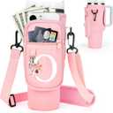 Initial Water Bottle Holder with Strap for Stanley Cup Accessories 40 oz Tumbler/Simple Modern Tumbler Bag, Water Bottle Carrier Bag with Strap for Men Women Gift Hiking, Travel, Camping, Walking Gym (Pink)