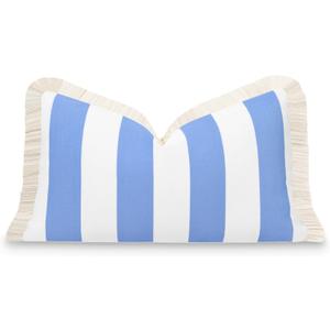 Hofdeco Premium Coastal Patio Indoor Outdoor Lumbar Pillow Cover Only, 12"x20" Water Repellent for Backyard, Couch, Cornflower Blue Stripe Fringe