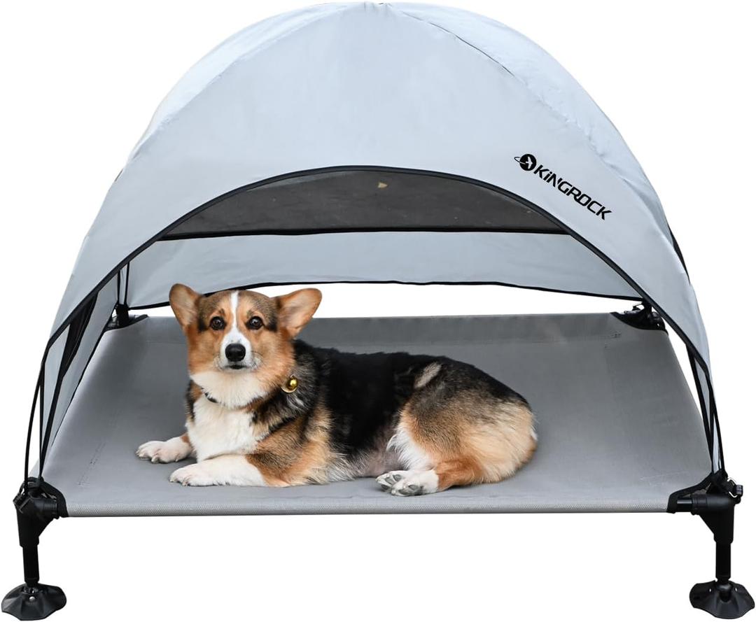 KINGROCK Elevated Dog Bed with Removable Canopy Portable Outdoor Pet Cot Waterproof 600D Oxford Fabric Anti Slip Feet for Large Dogs Camping Beach Indoor and Outdoor Use