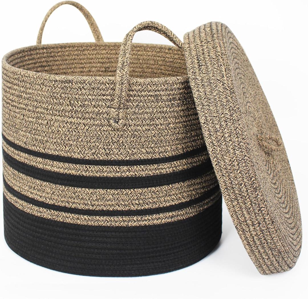 Storage Basket with Lid, 16"x16"x13" Wicker Blanket Storage for Living Room, Decorative Woven Cotton Rope Basket for Organizing Towels, Shoes, Kids Toy Bin Box, Baby Nursery Hamper with Lid (Black/Brown)