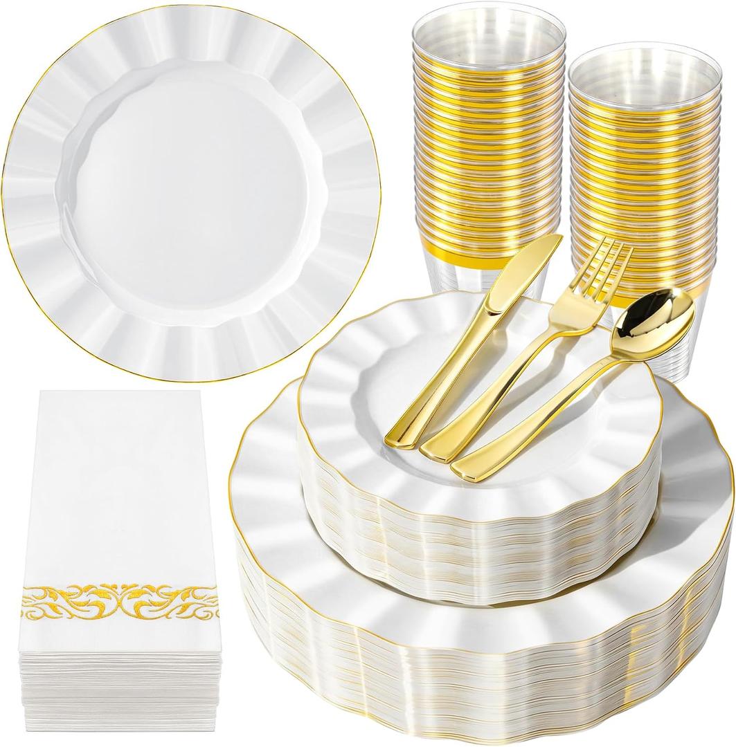 175PCS Gold and White Plastic Dinnerware Set, Plastic Party Plates for 25 Guests, 50 Disposable Plates, 25 Heavy Duty Silverware, 25 Cups, 25 Napkins for Party and Wedding
