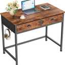 Furologee Small Computer Desk with 2 Fabric Drawers for Bedroom,34 Inch Home Office Writing Desk, Vanity Desk with Hooks, Simple Study Desk for Small Spaces, Makeup Dressing Table, Rustic Brown