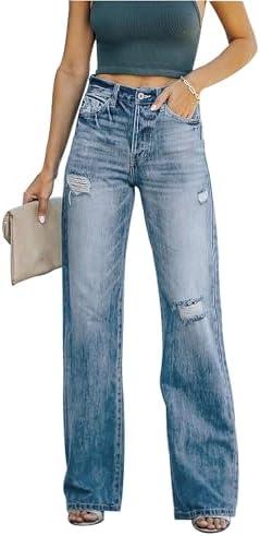 XKBHYD Womens High Waisted Ripped Jeans Baggy Straight Wide Leg Denim Pants Distressed Trousers with Pockets, M