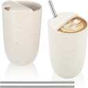 2 Pack Ceramic Coffee Mug with Sip Hole 9.5oz Retro Espresso Cup with Straws Travel Mug Handpainted Porcelain Coffee Tea Cup Novelty for Kitchen Milk Juice Cappuccino Latte Speckle White