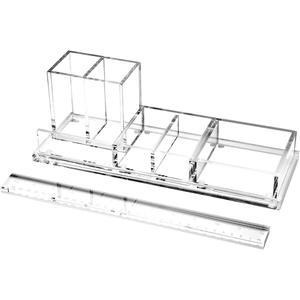 Clear Acrylic Desk Organizer 4-Piece Desk Kit + Free Complimentary Acrylic Ruler, Desktop Organization for Office or Home