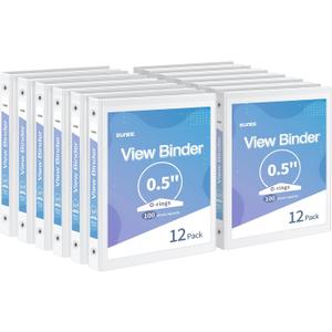 SUNEE 1/2 Inch Binders 3 Ring 12 Pack Bulk, 3 Ring Binders Clear View PVC-Free (Fit 8.5x11 Inches) for School or Office Supplies, White