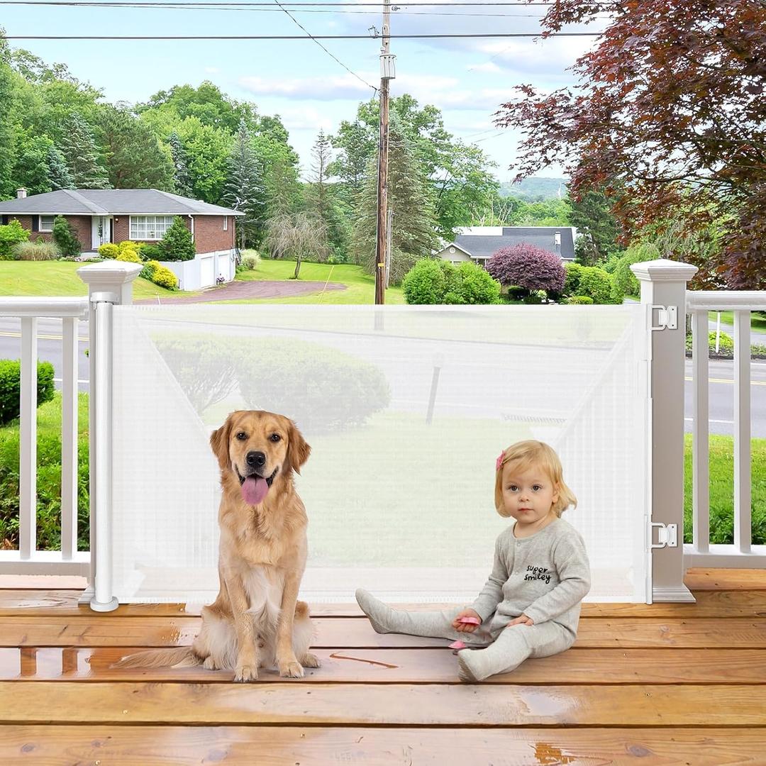 Retractable Dog Gates for Doorways 55 Inch Wide Retractable Baby Gates for Dogs Indoor Pet Barrier for Dogs Mesh Baby Gate No Bottom Bar Outdoor Dog Gate for Deck/Kitchen/Front Porch/Bedroom, White