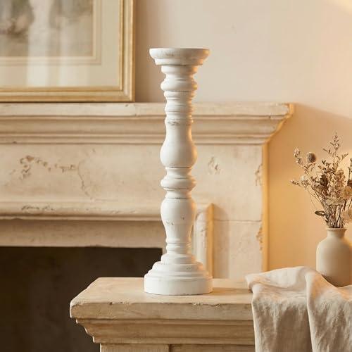 Farmhouse Rustic Candle Holder for Pillar Candle, Vintage White Wooden Pillar Candle Holder, Vintage Candlestick Holder for Dining Table, Coffee Table, Or Any Table Top (1Piece, 4.7" x 4.7" x 16")