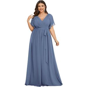 Ever-Pretty Plus Women's Chiffon Short Sleeves A-Line V-Neck Empire Waist Floor Length Plus Size Formal Bridesmaid Dress (Blue)