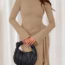 PRETTYGARDEN Women 2025 Mini Bodycon Dresses Long Sleeve Ruched Fitted Short Night Out Trendy Party Club Outfits Fall Clothes (Beige, M)