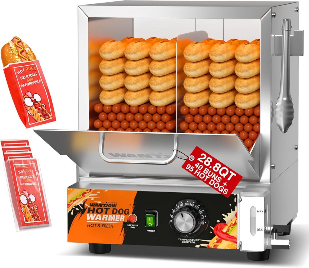 WantJoin Commercial Hot Dog Steamer - 28.8QT Stainless Steel Electric Hotdog Steamer Machine with Bun Warmer, Tempered Glass Steamer Machine for 95-105 Sausages & 30-40 Buns