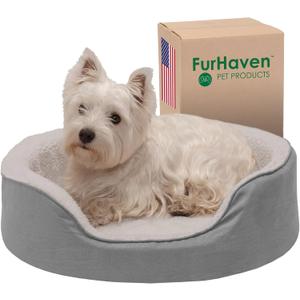 Furhaven Orthopedic Dog Bed for Medium/Small Dogs w/ Removable Washable Cover, For Dogs Up to 18 lbs - Sherpa & Suede Oval Lounger - Gray, Medium
