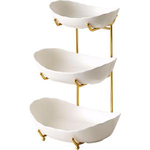 Fruit Bowls for Kitchen Counter, 3 Tier Ceramic Serving Bowls with Gold Metal Stand, Tiered Fruit Basket for Fruit Vegetable Storage, Fruit Holder for Cake, Dessert, Nuts, Snack