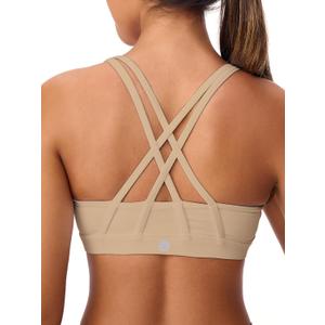 Omwilddo Women's Strappy Sports Bras Light Compression Crop Criss Cross Back Padded Workout Yoga Bra Supportive U Neckline Greige, M