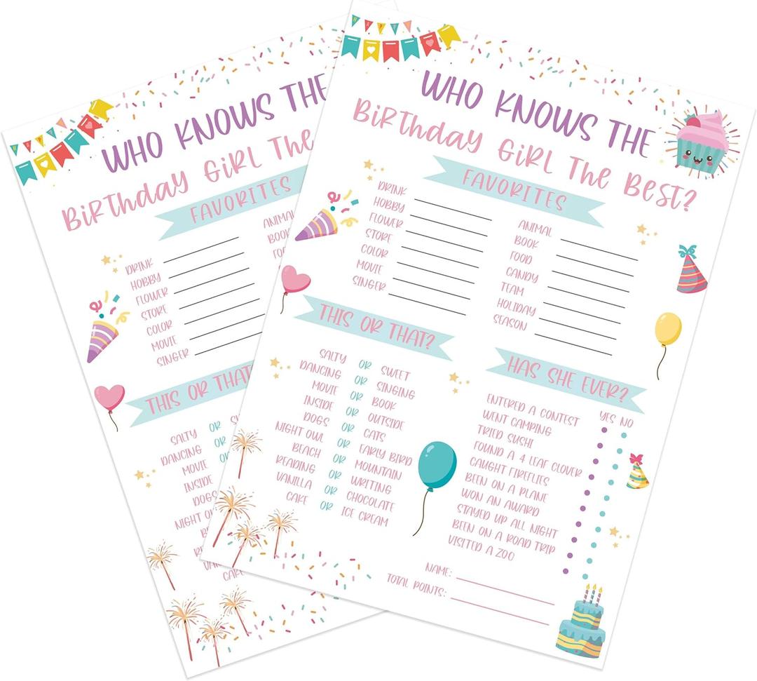 Who Knows The Birthday Girl Best, Birthday Games for Girls Party, 30 Pcs Birthday Party Game Set, Birthday Girl Party Game, Birthday Decoration, Birthday Game Cards-BTDG01
