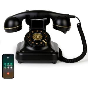 Vintage Bluetooth Phone, Retro Desk Telephone with Gold Accents, Loud Nostalgic Ringtones, Bluetooth Connects to Smartphone for Home & Office, Black