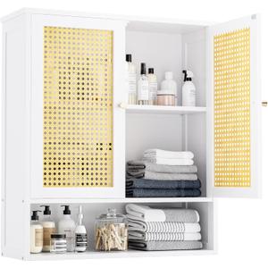 Bathroom Wall Cabinet, Bamboo Over-The-Toilet Storage Organizer with 2 Rattan Doors and Adjustable Shelf, Space Saver Medicine Cabinet for Laundry, Kitchen, Living Room (White)
