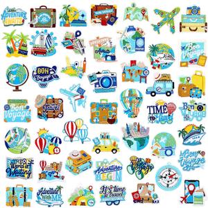 Yuxung 48 Pcs Travel Themed Iron on Patches World Trip Ticket Iron on Sew on Patch, Small Embroidered Applique Repair Patch DIY Craft Accessories for Clothes Jacket Jeans Dress