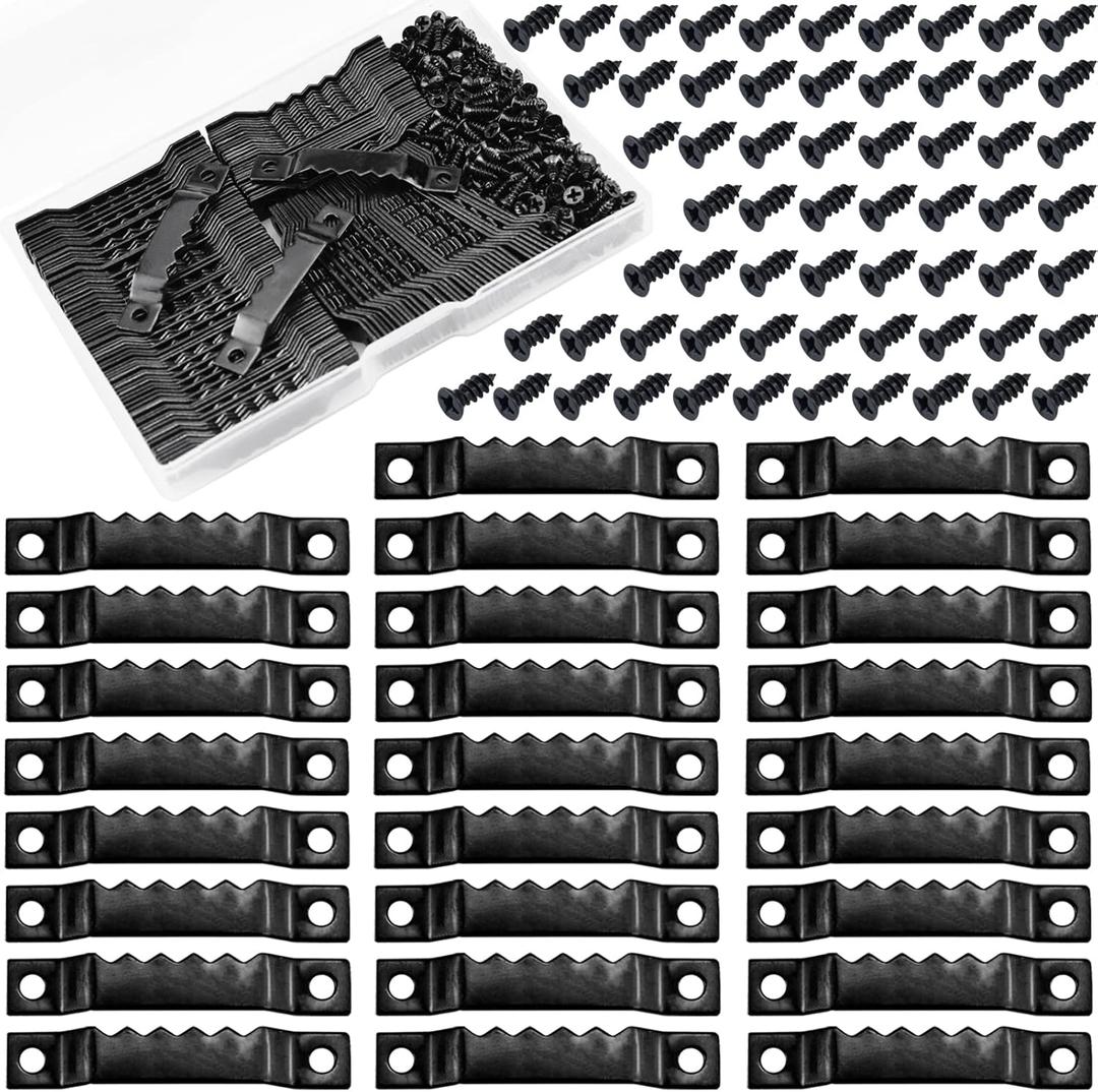 Sawtooth Picture Hangers,100 Pcs Black Steel Photo Frame Hanging Hangers 200 Screws for Wall Clock Paintings Wood Craft Decor Artwork Signs Posters Picture Frame Sketch Hanger,Cross-Stitch (Black)