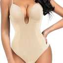 Decorus Women's Low Back Shapewear Tummy Control Deep V Neck Backless Body Shaper Plunge Thong Bridal Bodysuit Built in Bra (Beige, Large)