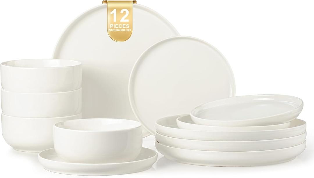 EWFEN Plates and Bowls Sets, 12 Pieces Ceramic Dinnerware Set for 4, Stoneware Dishware Dishes Set, Scratch Resistant Dishes Set, Dishwasher & Microwave Safe, White