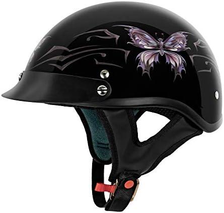 VCAN Cruiser Intricate Butterfly Motorcycle Half Helmet, (Gloss Black, Medium)