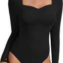 LYANER Women's Basic Sweetheart Neck Long Sleeve Workout Going Out Bodysuit Top (Medium, Black)