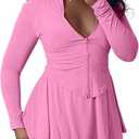 Adogirl Womens Sexy Flared Tennis Skirt Sets Slim Zip Up Jacket 2 Piece Outfits Athletic Matching Mini Dress with Shorts (XXL, Pink)