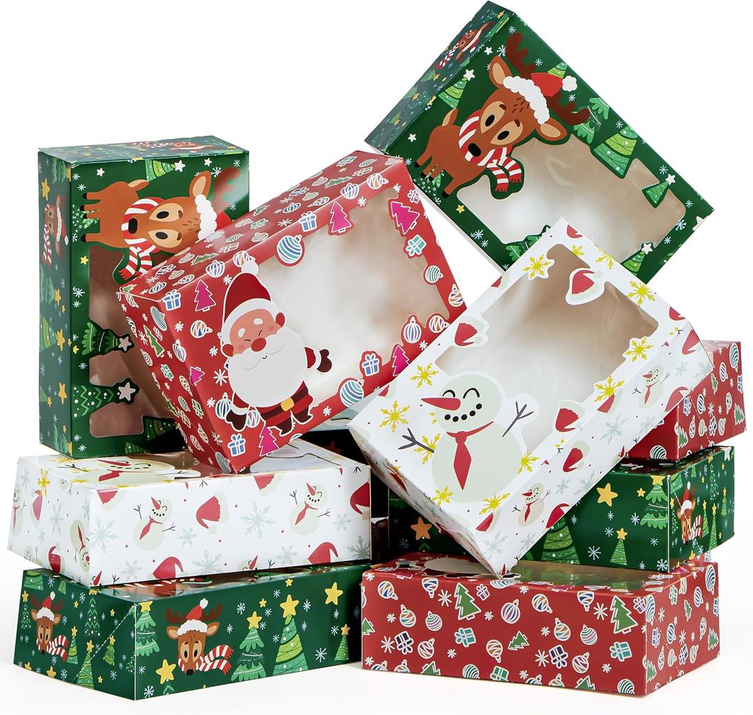 JOYIN 24 PCS Christmas Foil Treats Cookie Gift Boxes (8.75" x 5.75" x 2.75") Colorful Pattern Bakery Box with Window for Xmas Holiday Birthday Party Pastries, Cupcakes, Brownies, Donuts Gift-Giving