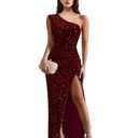Zeflows Womens Sequin One Shoulder Sleeveless Wedding Guest Dresses High Split Sparkly Glitter Gowns Bodycon Maxi Dresses, Maroon-S (S)