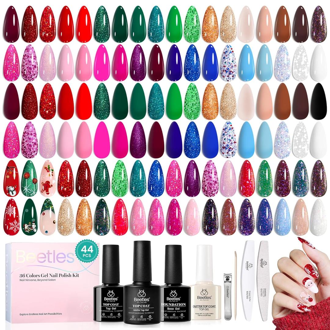 Beetles Gel Nail Polish Set, Glitz Galaxy UV LED Soak Off Gel Kits, 44Pcs Burgundy Red Gold Green Silver Blue Pink Sparkle Shade with Base Top Coat Manicure Gift for Women