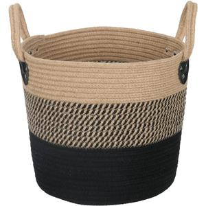 ZOES HOMEWARE 14"x12" Natural Jute Rope Woven Storage Basket with Handles for Plant, Blankets,Toys - Living Room Home Decor,Multifunctional Basket for Organizer,Picnic,Artificial Tree Black and Beige (Large)