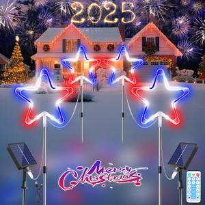 HELESIN Christmas Solar Garden Star Lights, 4 Pack Neon Star Pathway Lights with Timer & Remote for Thanksgiving Day Wedding Party Patio