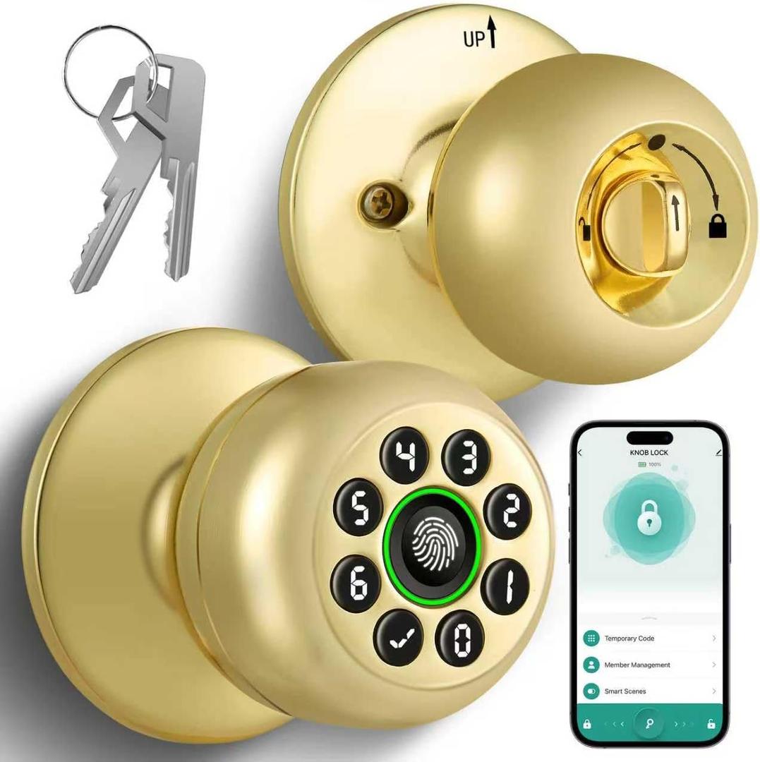 Fingerprint Door Lock, Smart Fingerprint Door Knob with Keypad, Biometric Door Lock with App Control, Auto Lock Door Lock with Code, Keyless Door Knob with Lock for Bedroom, Home,Office-Polished Brass