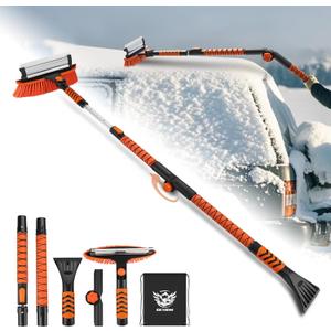 62.4" Foldable Snow Brush and Ice Scrapers for Car Windshield, Adjustable & Extendable Ice Removal Tool with Non-Slip Foam Grip, 180 Pivoting Snow Brush for Car, SUV, Truck (Orange)