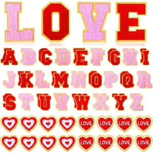 Knitgrip 62 Pcs Valentines Day Patches Chenille Red Heart Shape Iron on Patches Self Adhesive Letters Sew Embroidered Applique for Clothing, Jackets, Handmade Applique Emblem Accessory