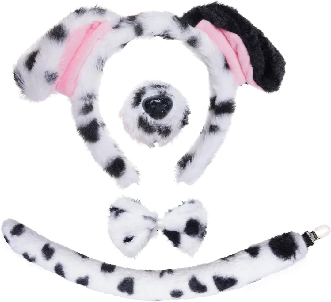 Jmkcoz 4 Pcs Dalmatian Dog Costume Set Puppy Dog Ears Headband and Tail Nose Bow Tie for 100 Days of School Halloween Cosplay (White & Black)