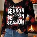 Halloween Shirt Women: Halloween Ghost Vneck Tshirts Fall Tees Skeleton T Shirt Witch Long Sleeve Tops (Large)